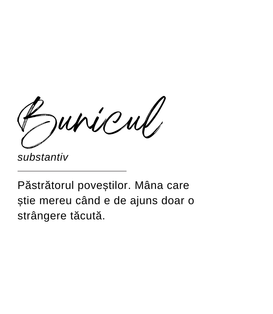 Designul etichetei lumânării Kiskedves sub formă de definiție de dicționar: „Bunicul, substantiv – Păstrătorul poveștilor. Mâna care știe mereu când e de ajuns doar o strângere tăcută.”