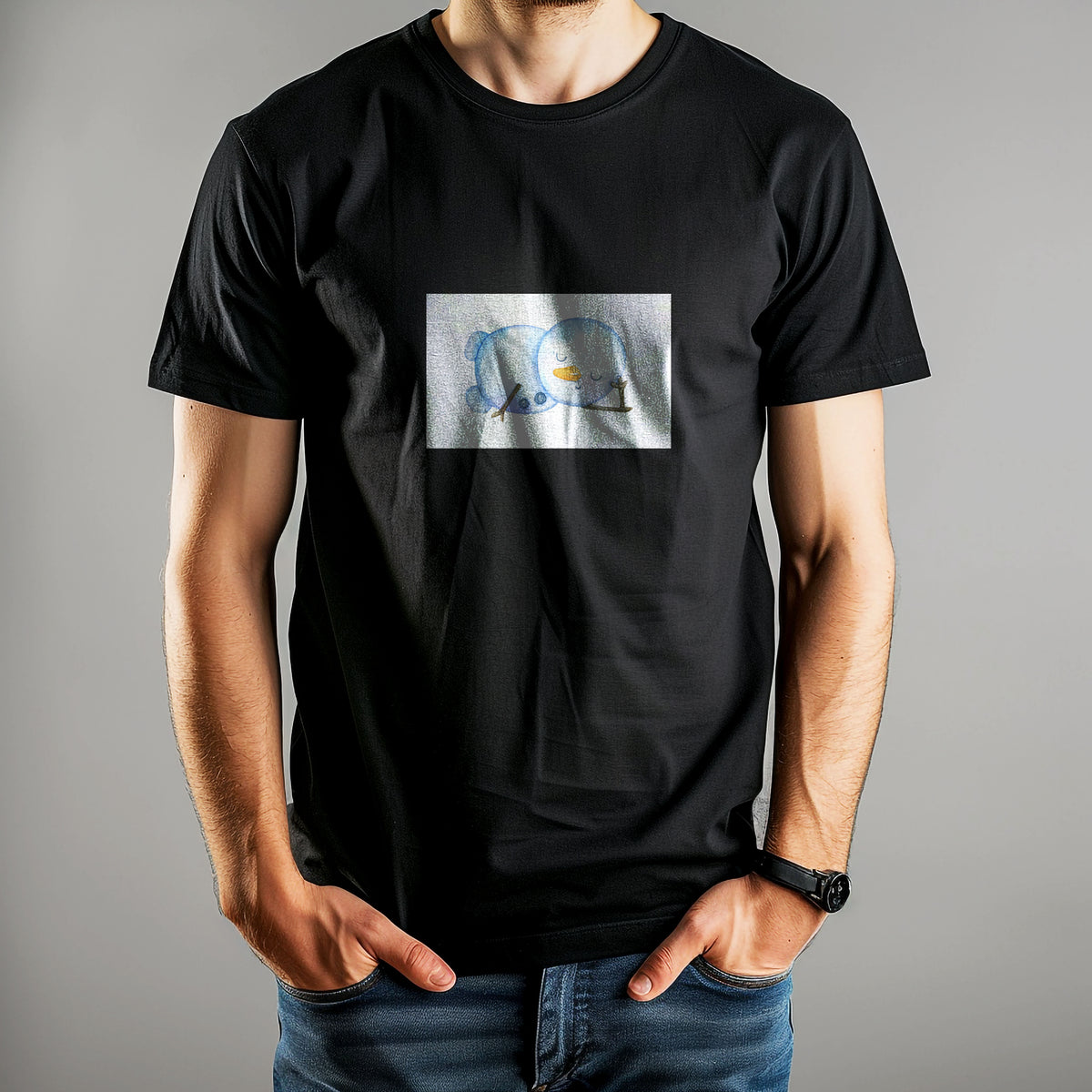 Tricou de iarnă Kiskedves cu un om de zăpadă în acuarelă întins pe o parte, cu ochii închiși și nas de morcov, pe tricou negru.