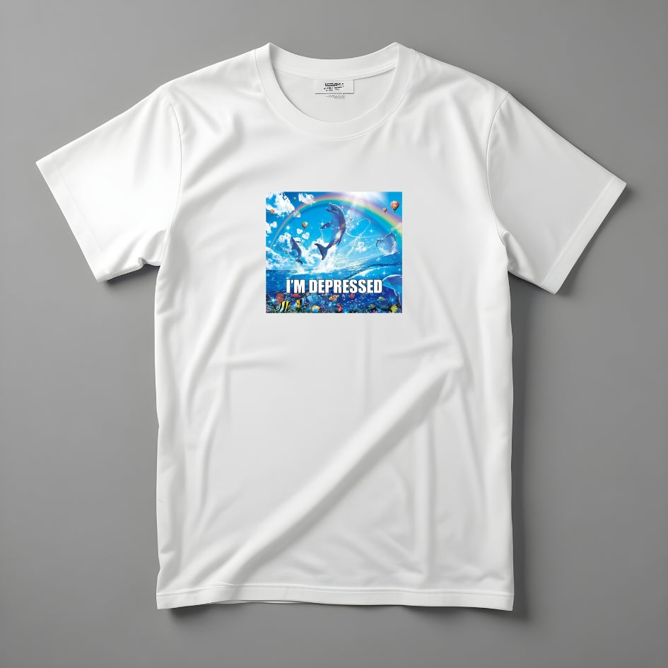 Tricou Kiskedves I'm depressed cu delfini care sar, curcubeu și textul I'M DEPRESSED, fotografiat întins.