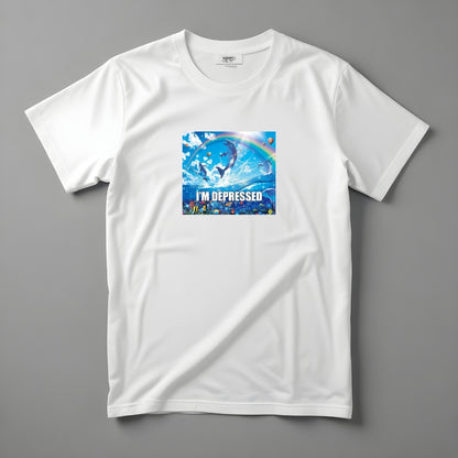 Tricou Kiskedves I'm depressed cu delfini care sar, curcubeu și textul I'M DEPRESSED, fotografiat întins.