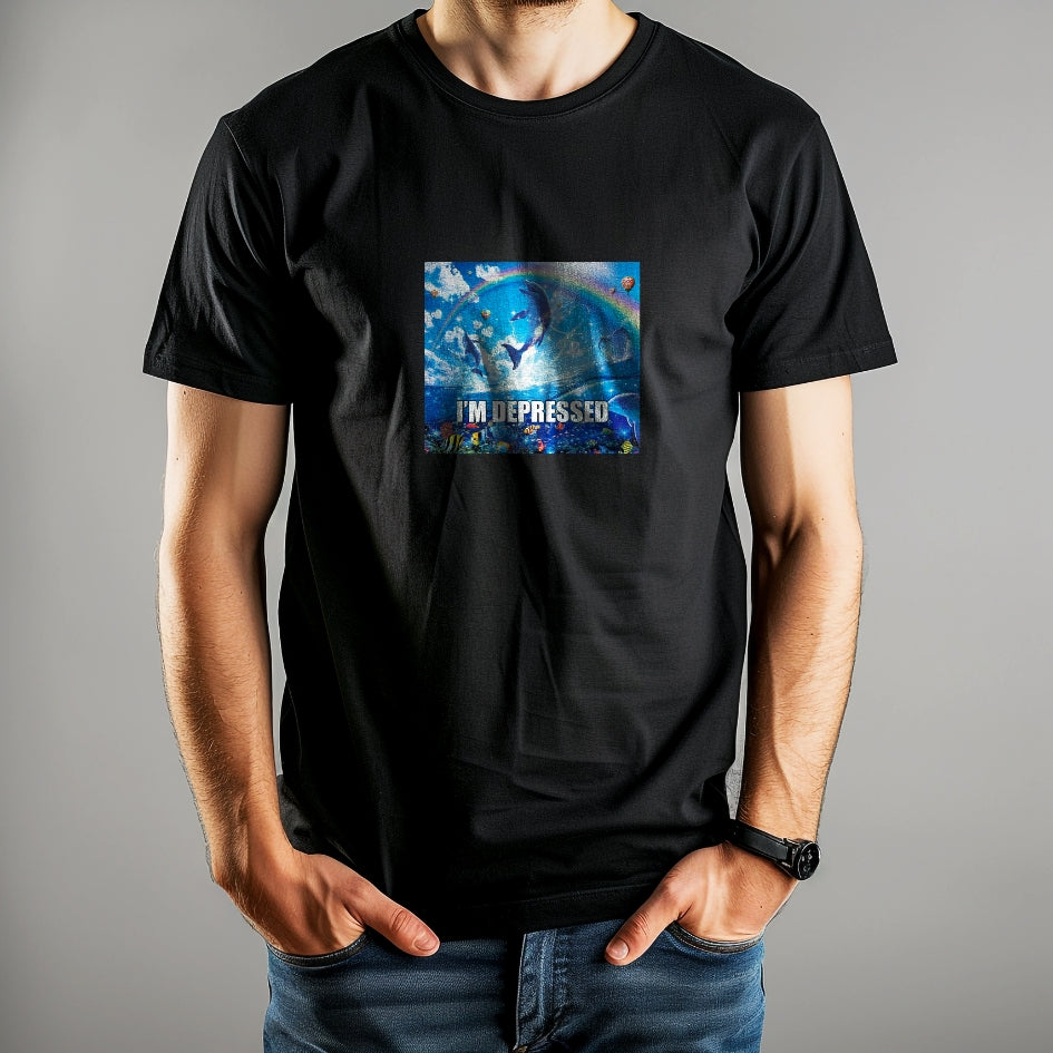 Tricou Kiskedves I'm depressed cu delfini care sar, curcubeu și textul I'M DEPRESSED, pe tricou negru.