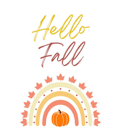 Eticheta „Hello Fall” a lumânării Pumpkin Spice: curcubeu de toamnă cu frunze de arțar și dovleac
