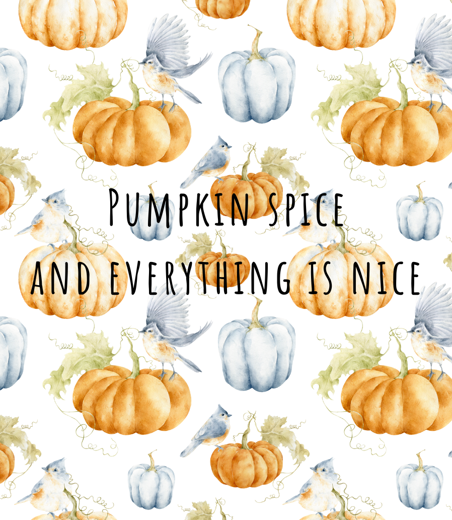 Eticheta lumânării Pumpkin Spice „Pumpkin spice and everything is nice”: model acuarelă cu dovleci și păsări