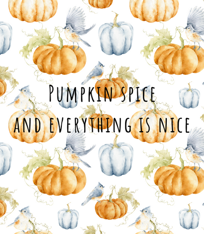 Eticheta lumânării Pumpkin Spice „Pumpkin spice and everything is nice”: model acuarelă cu dovleci și păsări