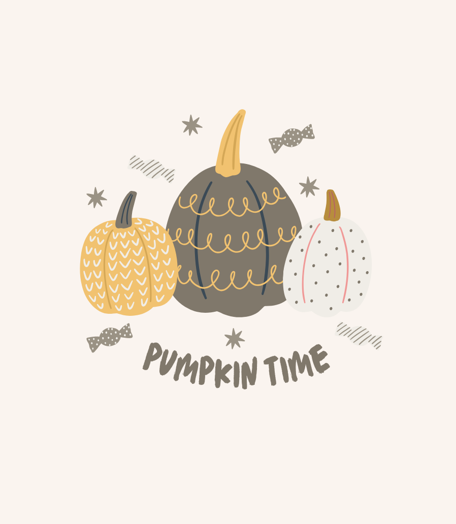 Eticheta lumânării Pumpkin Spice „Pumpkin time”: trei dovleci stilizați cu steluțe și bomboane