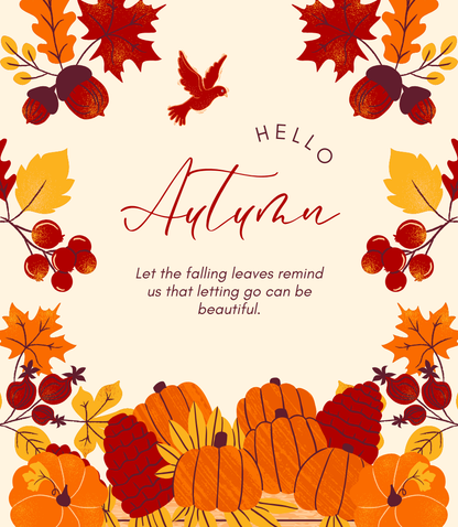 Eticheta lumânării Pumpkin Spice „Hello Autumn”: coroniță de toamnă din frunze și dovleci, cu un citat în engleză