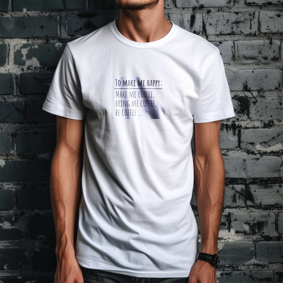 Tricou Kiskedves To make me happy cu o listă de patru rânduri despre cafea, într-un chenar liniar, pe tricou alb.