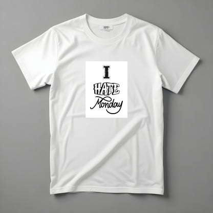 Tricou Kiskedves I hate Monday cu textul alb-negru I HATE Monday, din trei fonturi diferite, fotografiat întins.