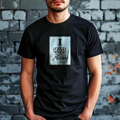 Tricou Kiskedves I hate Monday cu textul alb-negru I HATE Monday, din trei fonturi diferite, pe tricou negru.