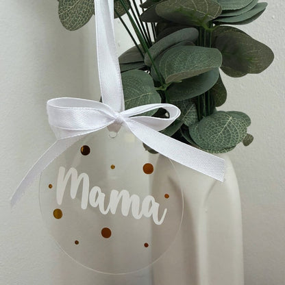 Ornament acrilic personalizabil cu text alb și buline aurii
