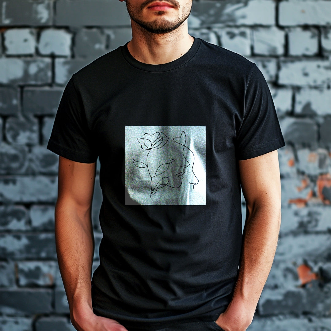Tricou negru Kiskedves Line Art cu profil și floare, pe un model, în fața unui zid de cărămidă.