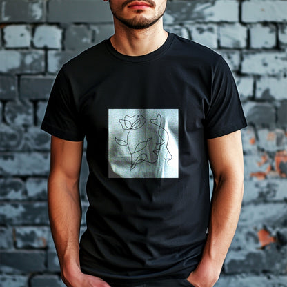 Tricou negru Kiskedves Line Art cu profil și floare, pe un model, în fața unui zid de cărămidă.
