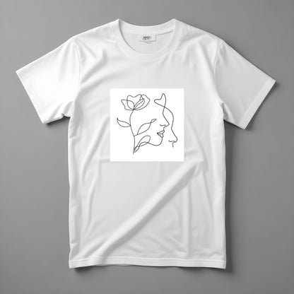 Tricou alb Kiskedves Line Art întins, cu profil și floare, pe fundal gri.
