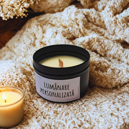 Lumânare cu fitil de lemn în cutie metalică neagră cu inscripția „Lumânare personalizată”, pe o pătură tricotată lângă o lumânare aprinsă