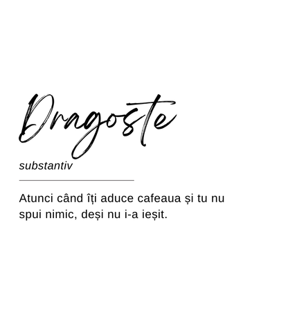 Designul etichetei lumânării Kiskedves sub formă de definiție de dicționar: „Dragoste, substantiv – Atunci când îți aduce cafeaua și tu nu spui nimic, deși nu i-a ieșit.”