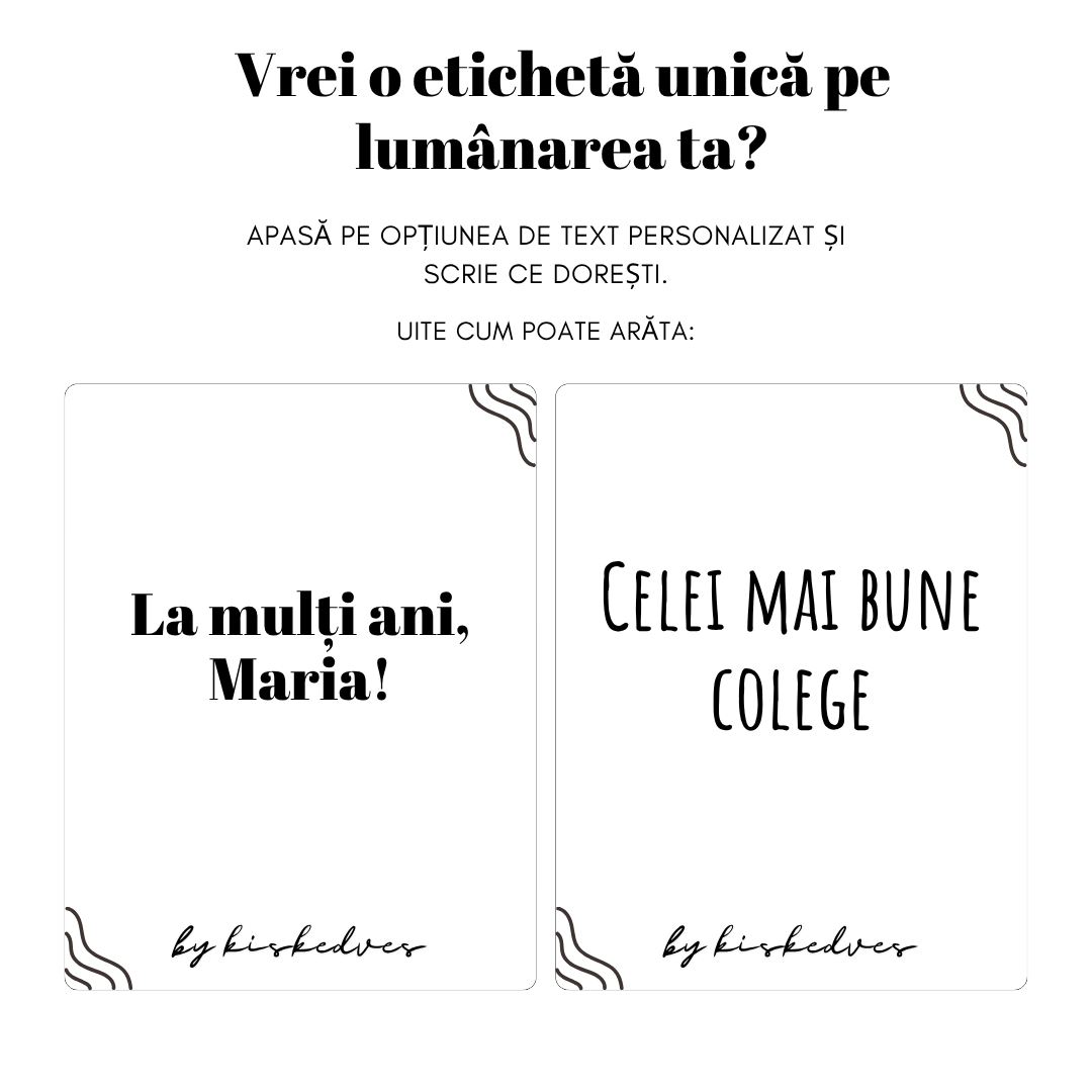 Exemplu de personalizare: două etichete ale lumânării Kiskedves Espresso cu text propriu – „La mulți ani, Maria!” și „Celei mai bune colege”.