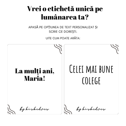 Exemplu de personalizare: două etichete ale lumânării Kiskedves Espresso cu text propriu – „La mulți ani, Maria!” și „Celei mai bune colege”.