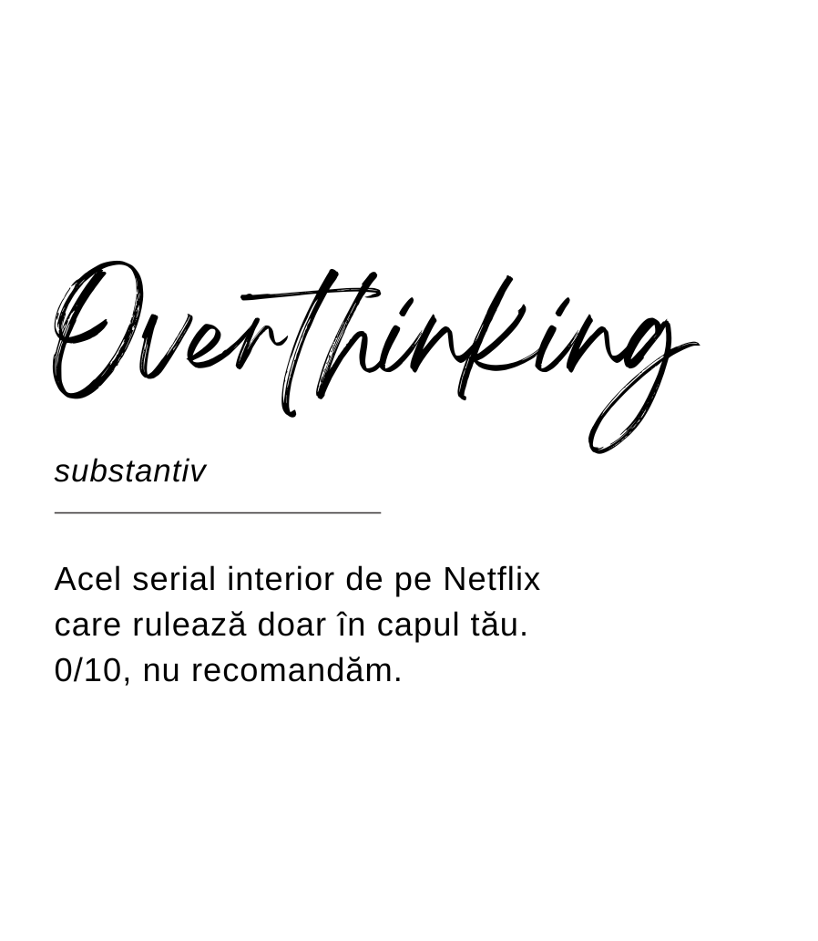 Designul etichetei lumânării Kiskedves sub formă de definiție de dicționar: „Overthinking, substantiv – Acel serial interior de pe Netflix care rulează doar în capul tău. 0/10, nu recomandăm.”