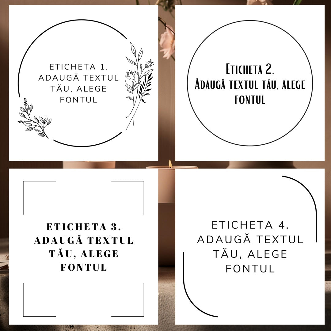 Stilurile de etichete ale difuzorului Kiskedves, modelele 1–4 – pe fiecare „adaugă textul tău și alege fontul”