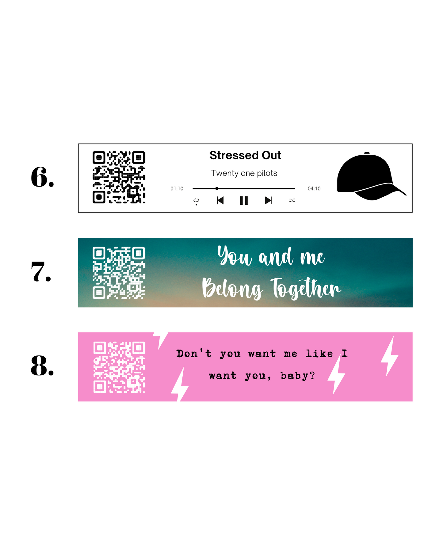 A șasea, a șaptea și a opta etichetă la alegere pentru lumânarea Kiskedves „Melodică”, cu cod QR.