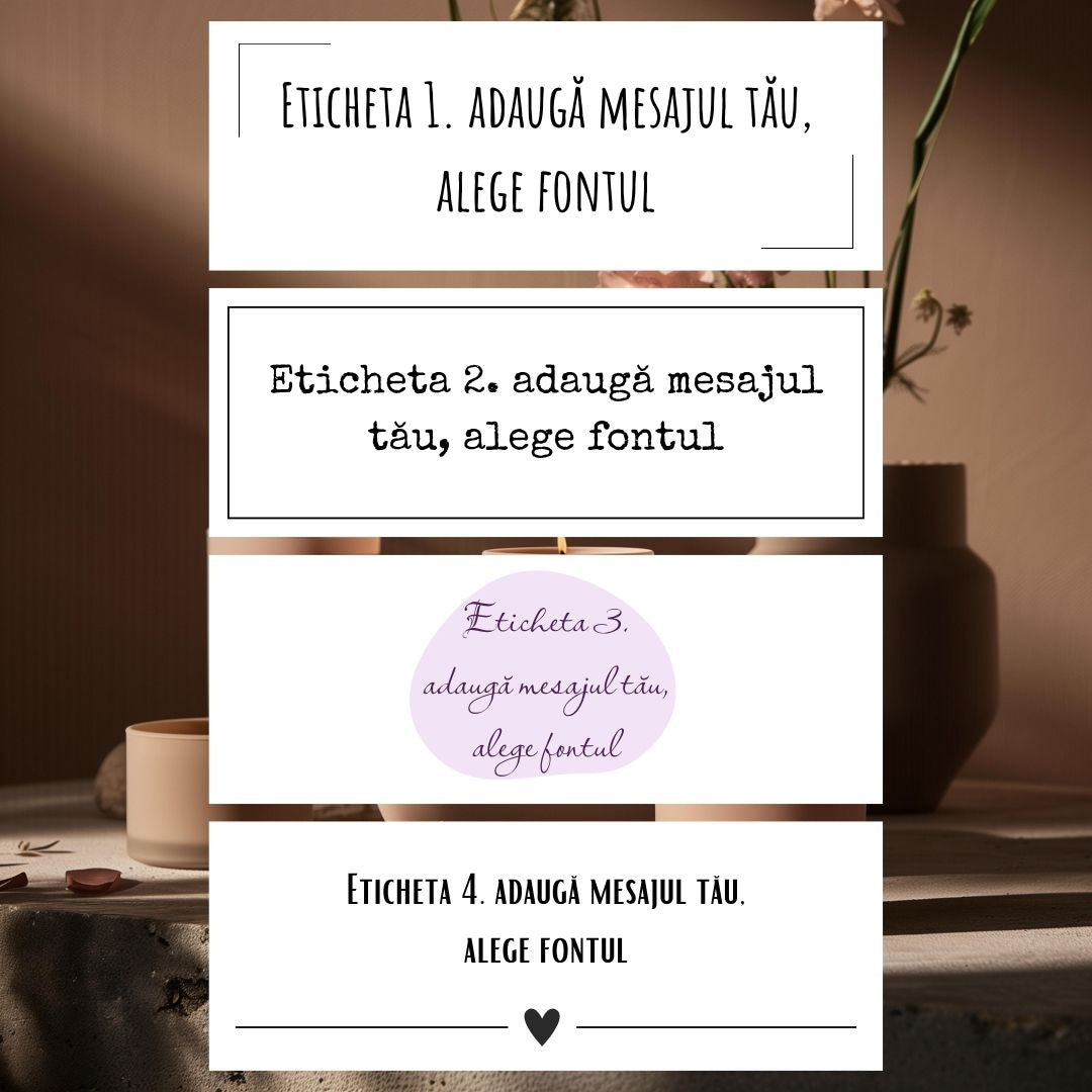 Patru stiluri de etichete Kiskedves – exemple de fonturi, pe fiecare „Eticheta 1.–4. adaugă mesajul tău, alege fontul”