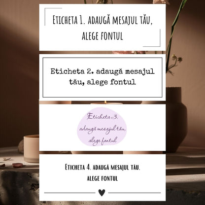 Patru stiluri de etichete Kiskedves – exemple de fonturi, pe fiecare „Eticheta 1.–4. adaugă mesajul tău, alege fontul”