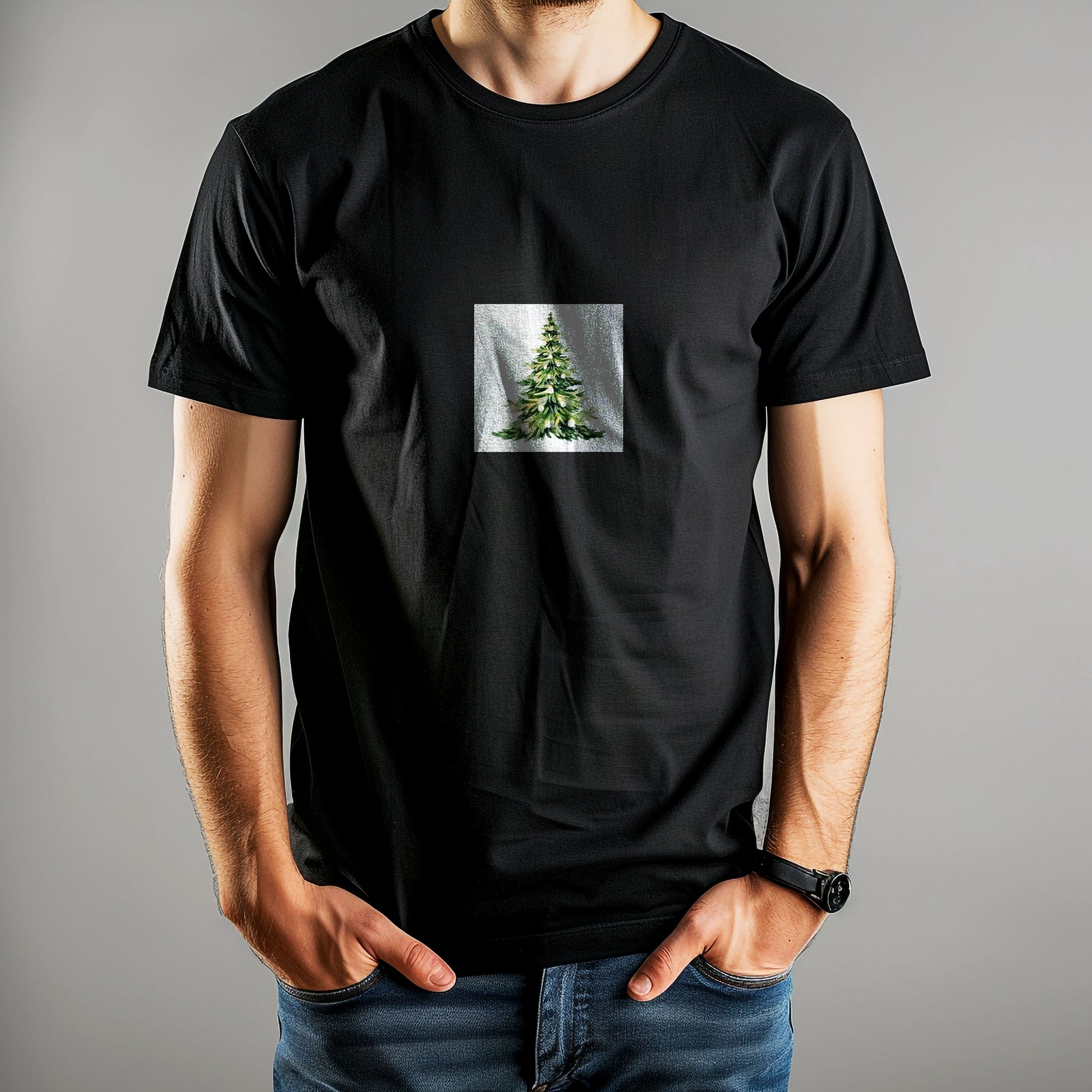Tricou de iarnă Kiskedves cu un brad de Crăciun în acuarelă, luminițe albe și crengi verde deschis, pe tricou negru.